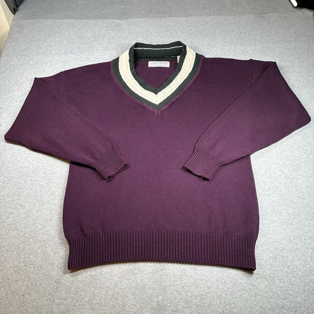 Vintage John Ashford 100% Cotton V-Neck Sweater Large Plum Golf Style